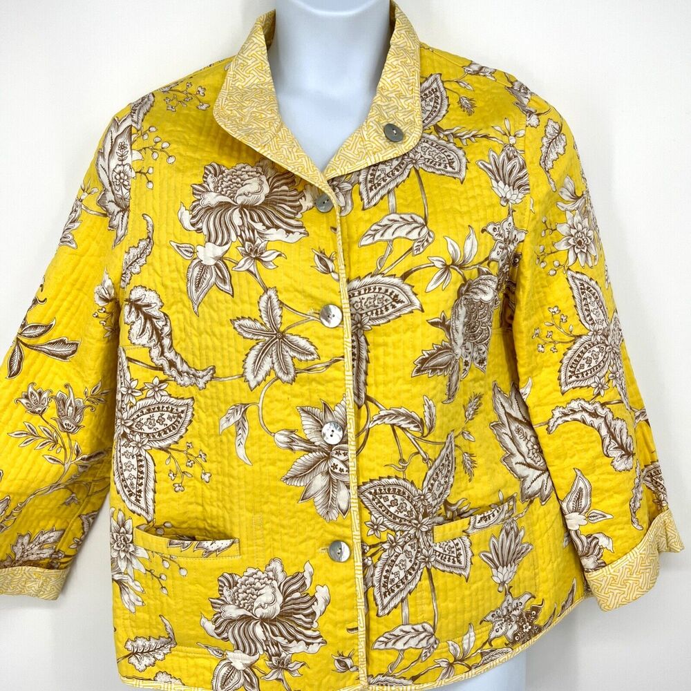 Quilted Floral Patty Kim Jacket Yellow Brown Reversible Shale Look Buttons Large